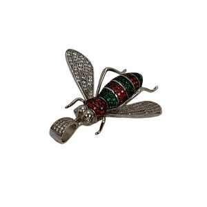 Sterling Silver Bee Pendant Red Green CZ Rhinestone Wings Necklace 17.8 grams